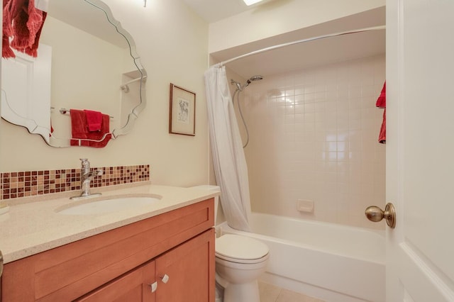 bathroom with tile patterned flooring, backsplash, toilet, shower / tub combo, and vanity