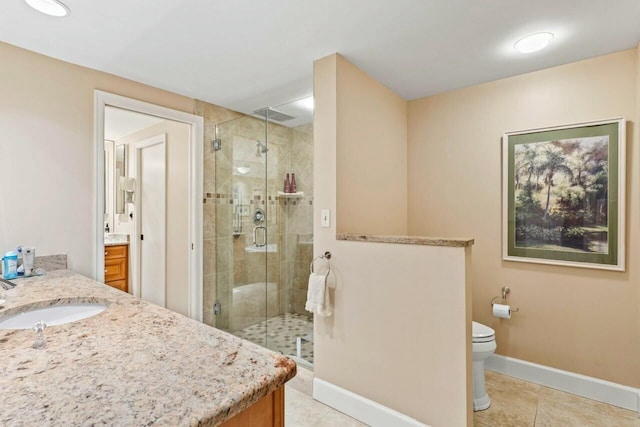 full bath with a shower stall, baseboards, toilet, tile patterned floors, and vanity