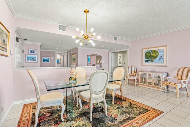 dining room featuring light tile patterned floors, visible vents, ornamental molding, a textured ceiling, and a notable chandelier