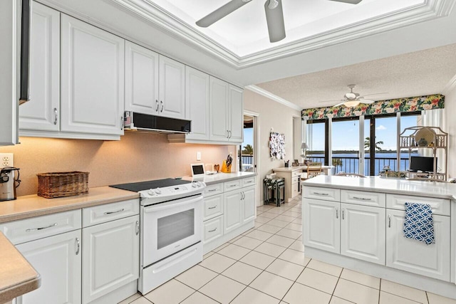 kitchen featuring white electric range, extractor fan, light countertops, ornamental molding, and a ceiling fan