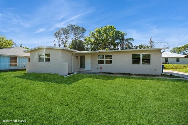 single story home with a front lawn, fence, and stucco siding