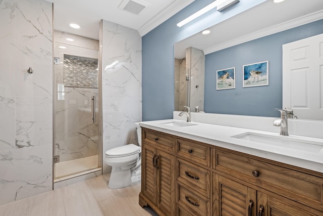 full bath with a marble finish shower, visible vents, and a sink