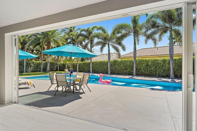 view of pool featuring a fenced in pool, a patio, and a fenced backyard