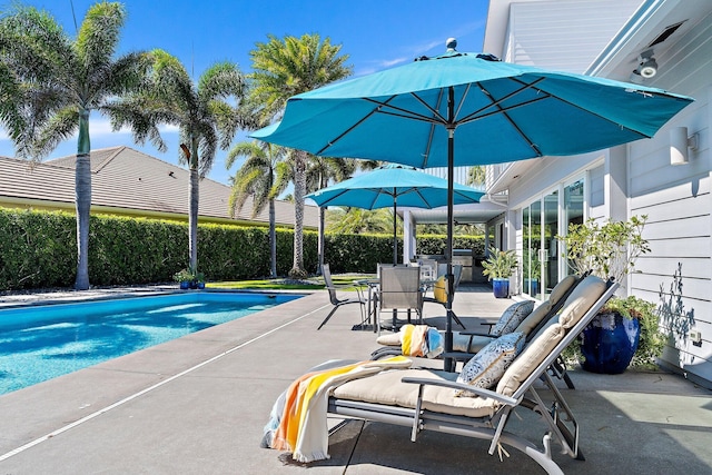 view of pool with a patio area, outdoor dining space, a fenced in pool, and a fenced backyard