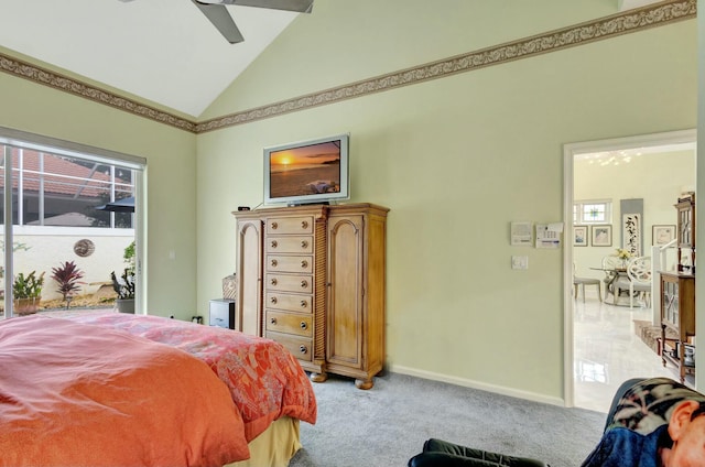 bedroom with baseboards, high vaulted ceiling, ceiling fan, access to exterior, and light colored carpet