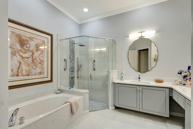 full bath with a bath, a stall shower, vanity, and ornamental molding