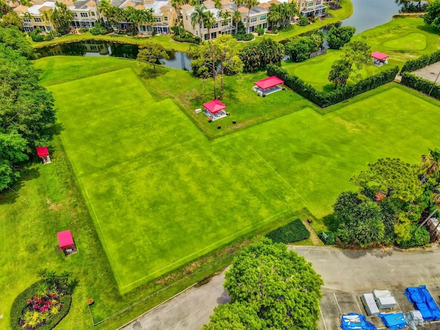 aerial view featuring a water view and a residential view