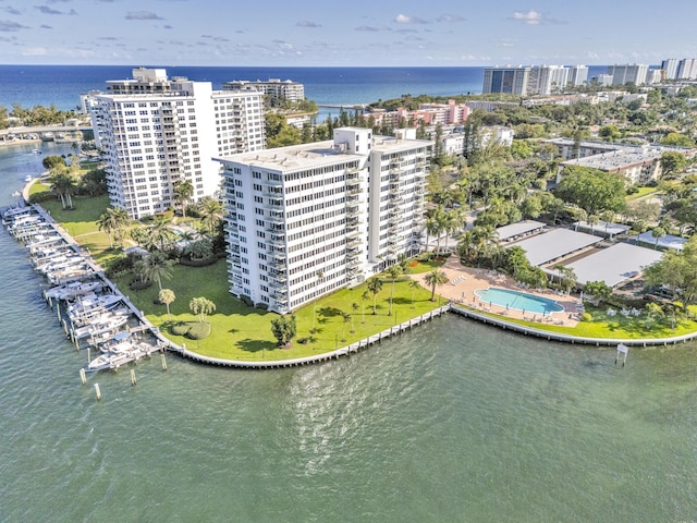 aerial view featuring a water view and a view of city