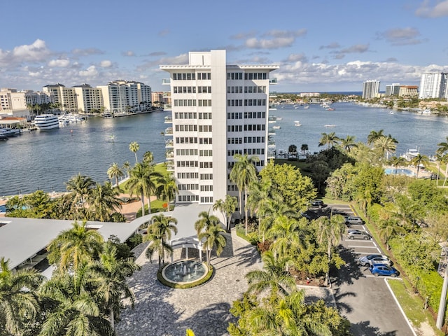 aerial view with a view of city and a water view