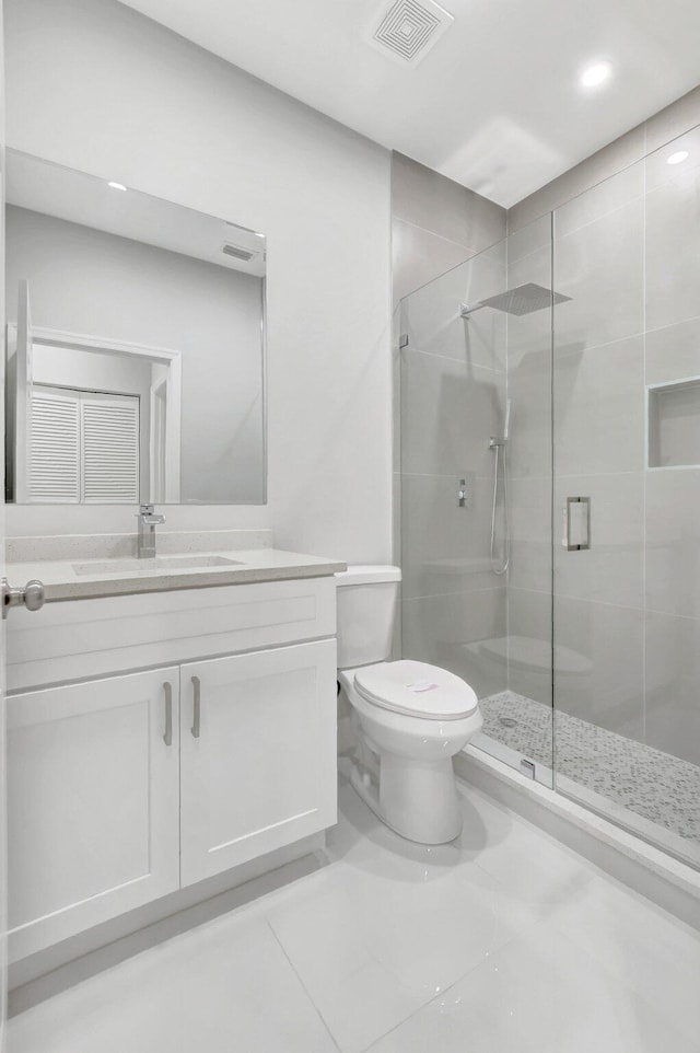 full bath featuring visible vents, a shower stall, toilet, and vanity