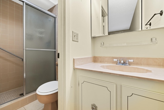 full bath with tile patterned flooring, a shower stall, toilet, and vanity