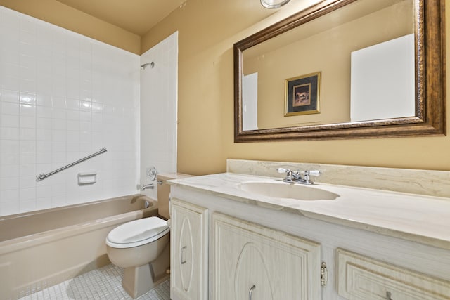 full bath with vanity, tile patterned floors, toilet, and washtub / shower combination