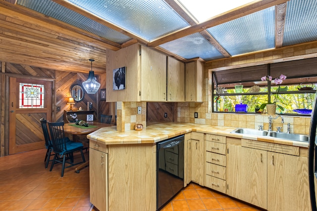 kitchen featuring a sink, plenty of natural light, black dishwasher, and light brown cabinets