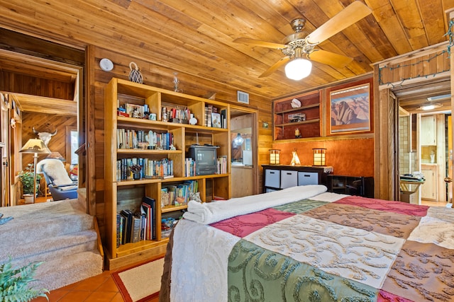 tiled bedroom featuring wooden ceiling, visible vents, and wood walls