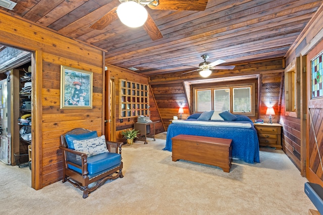 bedroom featuring light carpet, wooden walls, and wooden ceiling