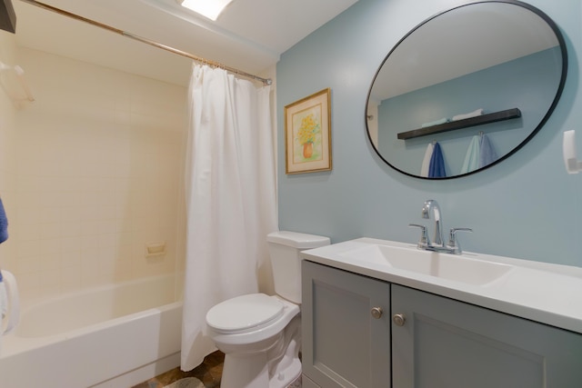 full bathroom with shower / tub combo, toilet, and vanity