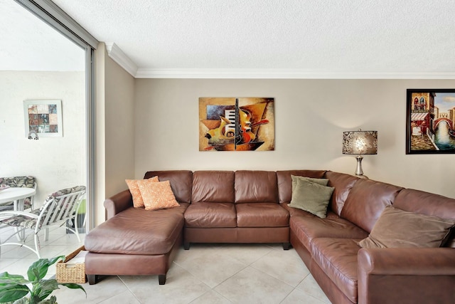 living room featuring light tile patterned floors, a textured ceiling, and crown molding