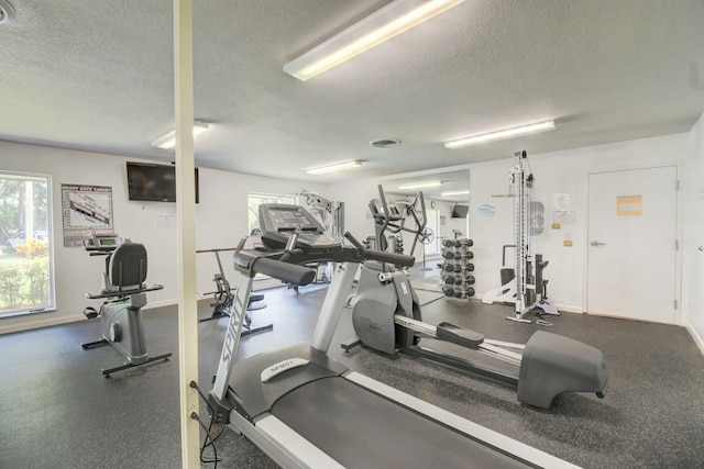 exercise room featuring baseboards, plenty of natural light, and a textured ceiling