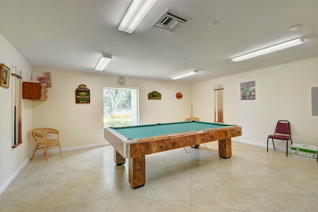 recreation room featuring visible vents, baseboards, a textured ceiling, and pool table