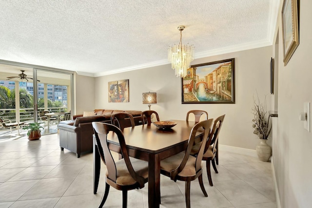 dining room with a wall of windows, baseboards, light tile patterned flooring, and crown molding