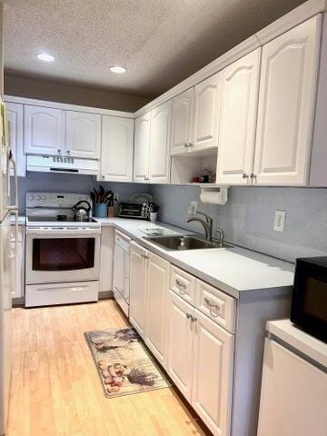 kitchen featuring light wood-style flooring, under cabinet range hood, a sink, white appliances, and white cabinets