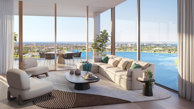 living area featuring a wall of windows and wood finished floors