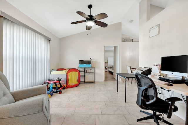 office featuring visible vents, lofted ceiling, and a ceiling fan