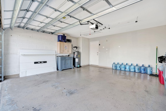 garage with water heater and a garage door opener