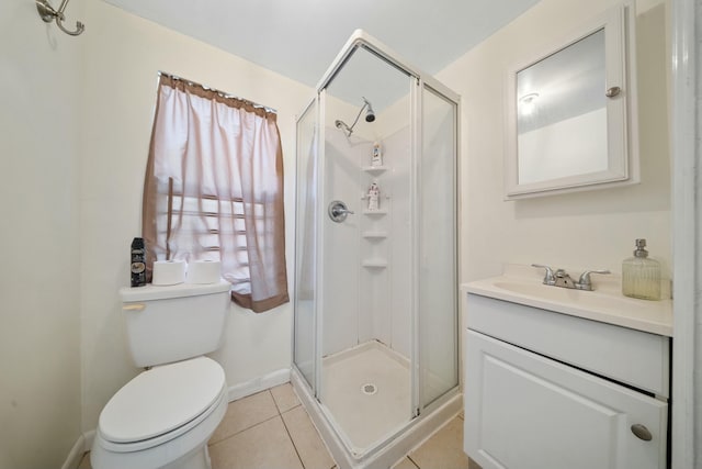 full bath with tile patterned flooring, a shower stall, toilet, and vanity