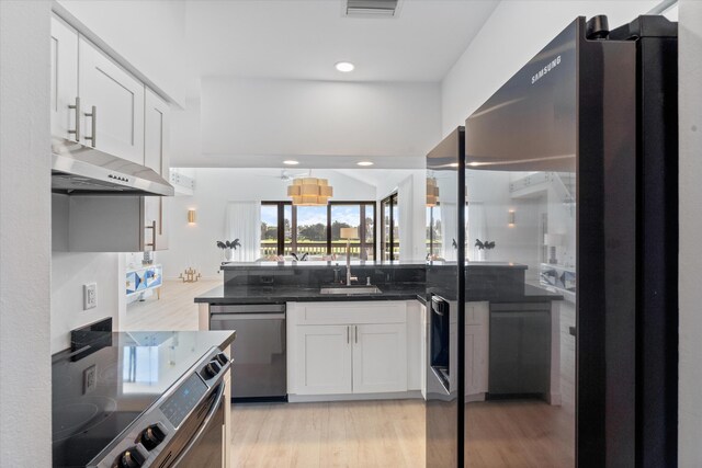 kitchen featuring light wood finished floors, a sink, stainless steel appliances, white cabinets, and under cabinet range hood