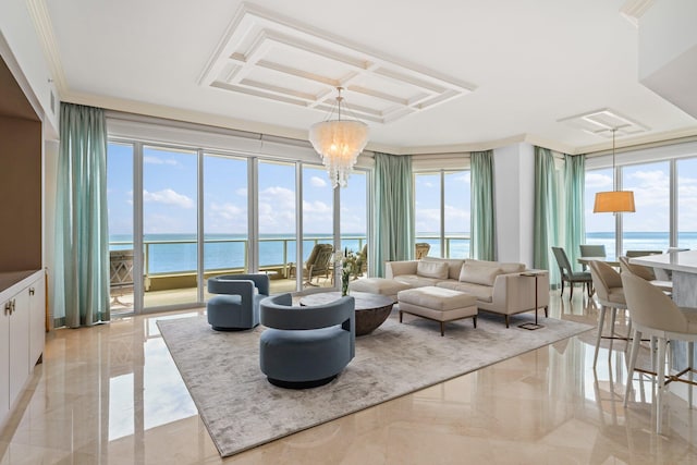 living area featuring a water view, marble finish floor, coffered ceiling, floor to ceiling windows, and crown molding