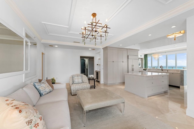 living room with recessed lighting, an inviting chandelier, and crown molding