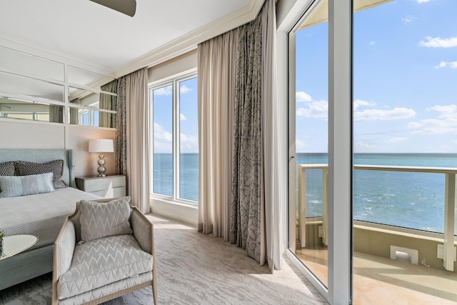 carpeted bedroom featuring ornamental molding and a water view