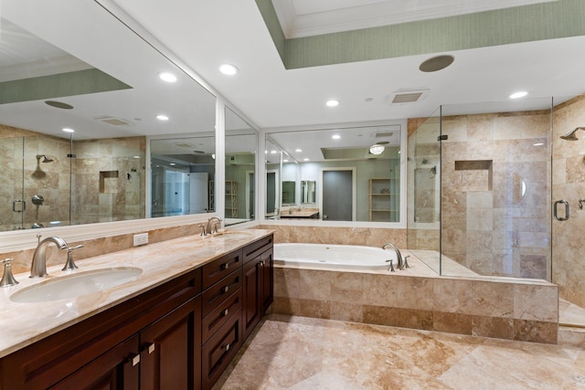 full bathroom with a sink, visible vents, a bath, and a shower stall