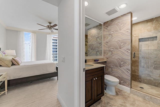 bathroom with visible vents, connected bathroom, a shower stall, toilet, and a ceiling fan