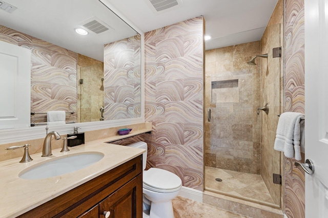 full bathroom featuring toilet, visible vents, and a stall shower