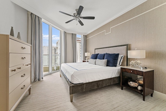 bedroom with a ceiling fan, crown molding, access to exterior, and light carpet