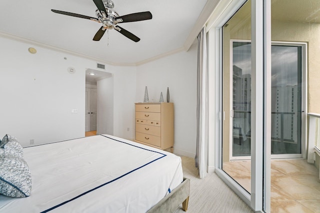 bedroom with crown molding, access to outside, visible vents, and ceiling fan