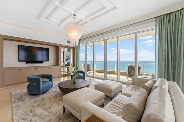 living area with a notable chandelier, coffered ceiling, and crown molding