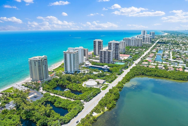 aerial view featuring a view of city and a water view