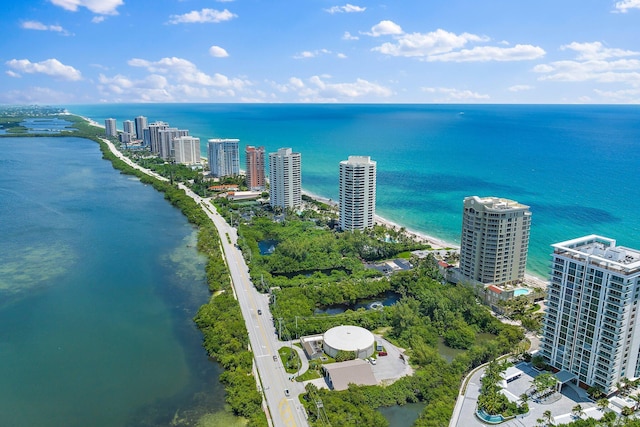 aerial view featuring a city view and a water view