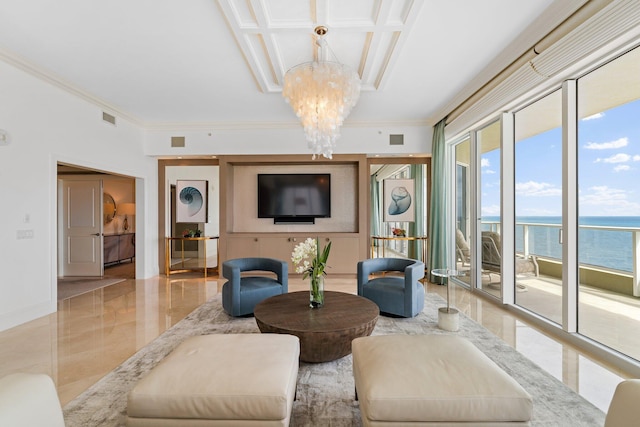 living room with an inviting chandelier, baseboards, visible vents, and coffered ceiling