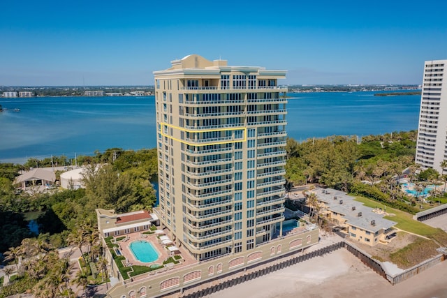 drone / aerial view featuring a water view