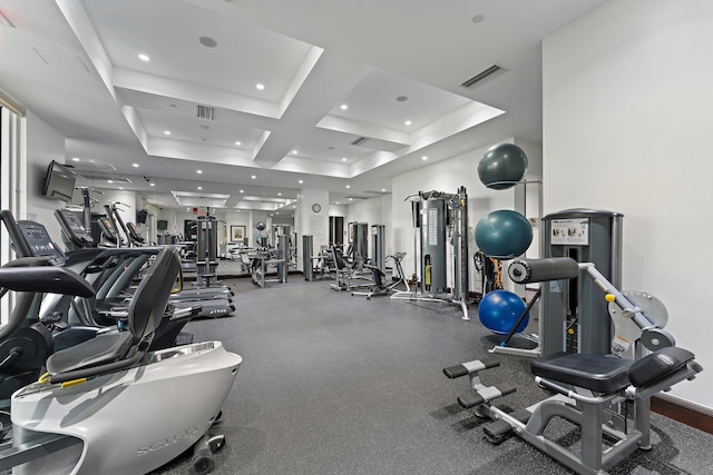 workout area with recessed lighting, visible vents, coffered ceiling, and baseboards