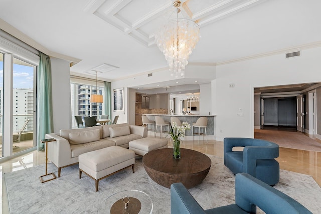 living area with an inviting chandelier, crown molding, visible vents, and coffered ceiling