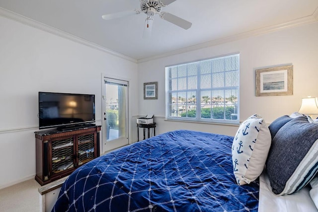 bedroom featuring a ceiling fan, access to outside, carpet flooring, crown molding, and baseboards