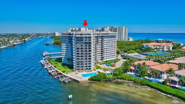 bird's eye view with a water view and a view of city