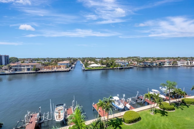 water view with boat lift and a dock