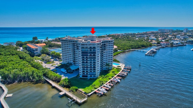 drone / aerial view with a water view