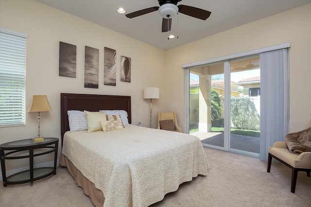 bedroom featuring a ceiling fan, access to exterior, recessed lighting, and light carpet